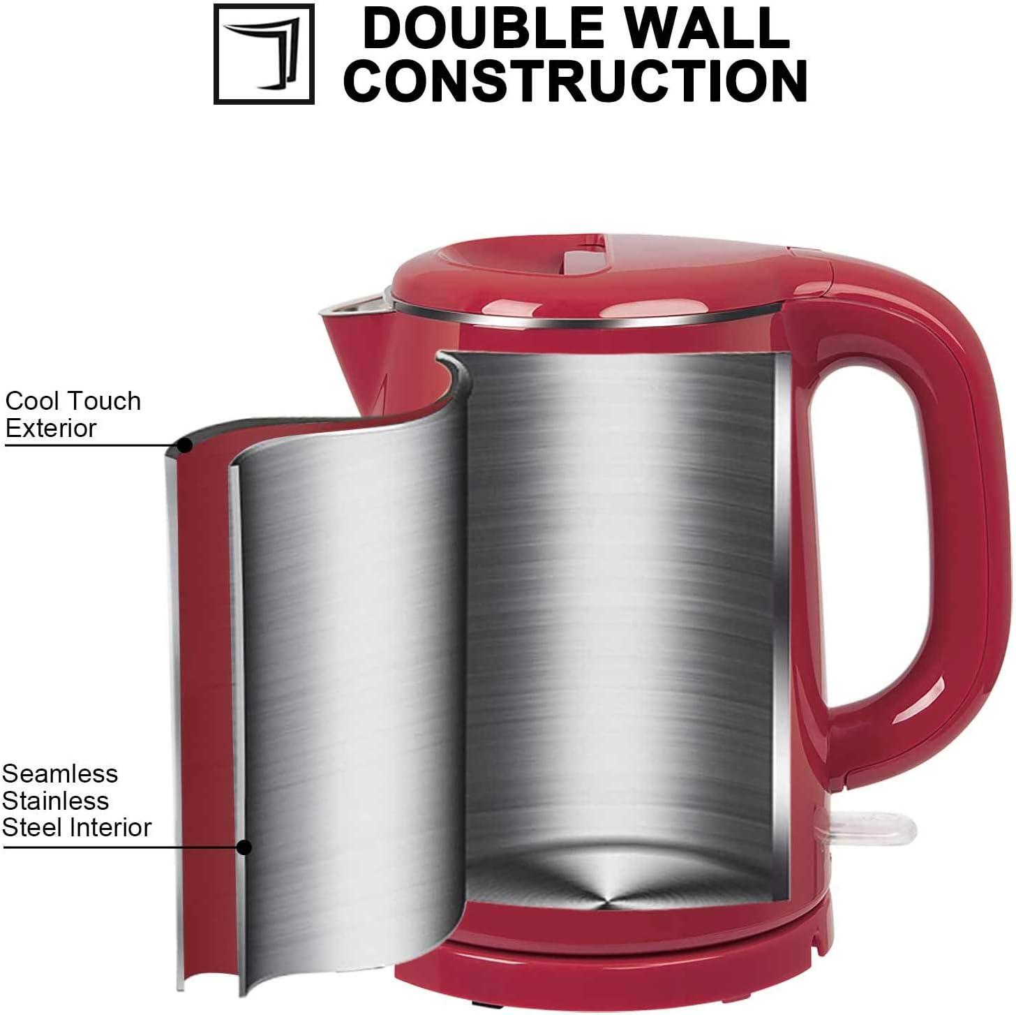 Secura Stainless Steel Double Wall Electric Kettle Water Heater for Tea Coffee w/Auto Shut-Off and Boil-Dry Protection, 1.0L (Red) SWK-1001DR/HB-K012