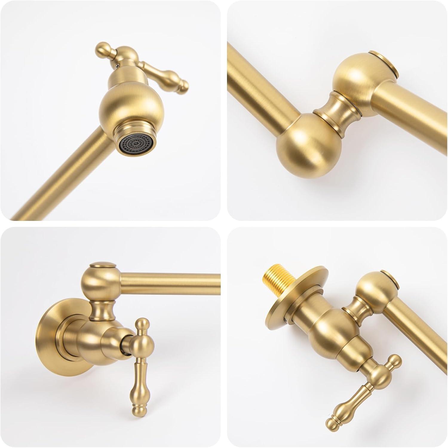 Pot Filler Faucet, Solid Brass Brushed Gold Single Cold Kitchen Faucet Wall Mounted Kitchen Pot Filler Faucet Double Joint Swing Arm Faucet