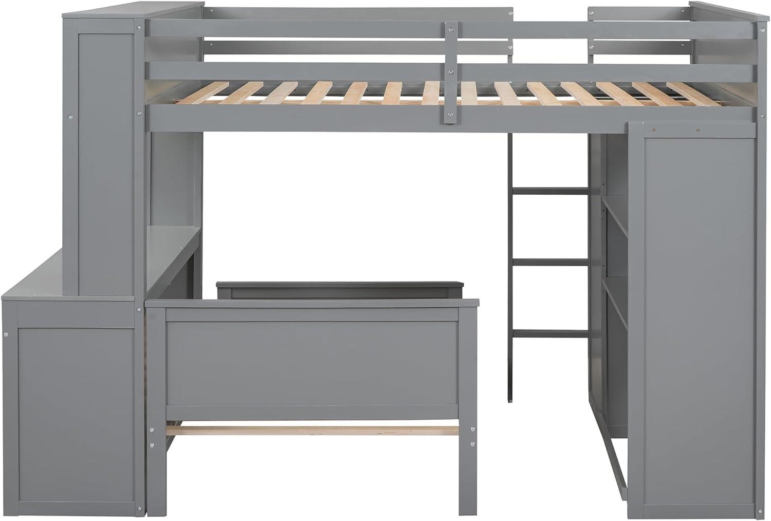 Full Over Twin Bunk Bed with Desk, Wardrobe and Storage Shelves, Loft Bed with A Stand-Alone Bed, Wooden Loft Bed Frame with Safety Guardrails & Slats Support, Bottom Bed Can Be Moved, Gray