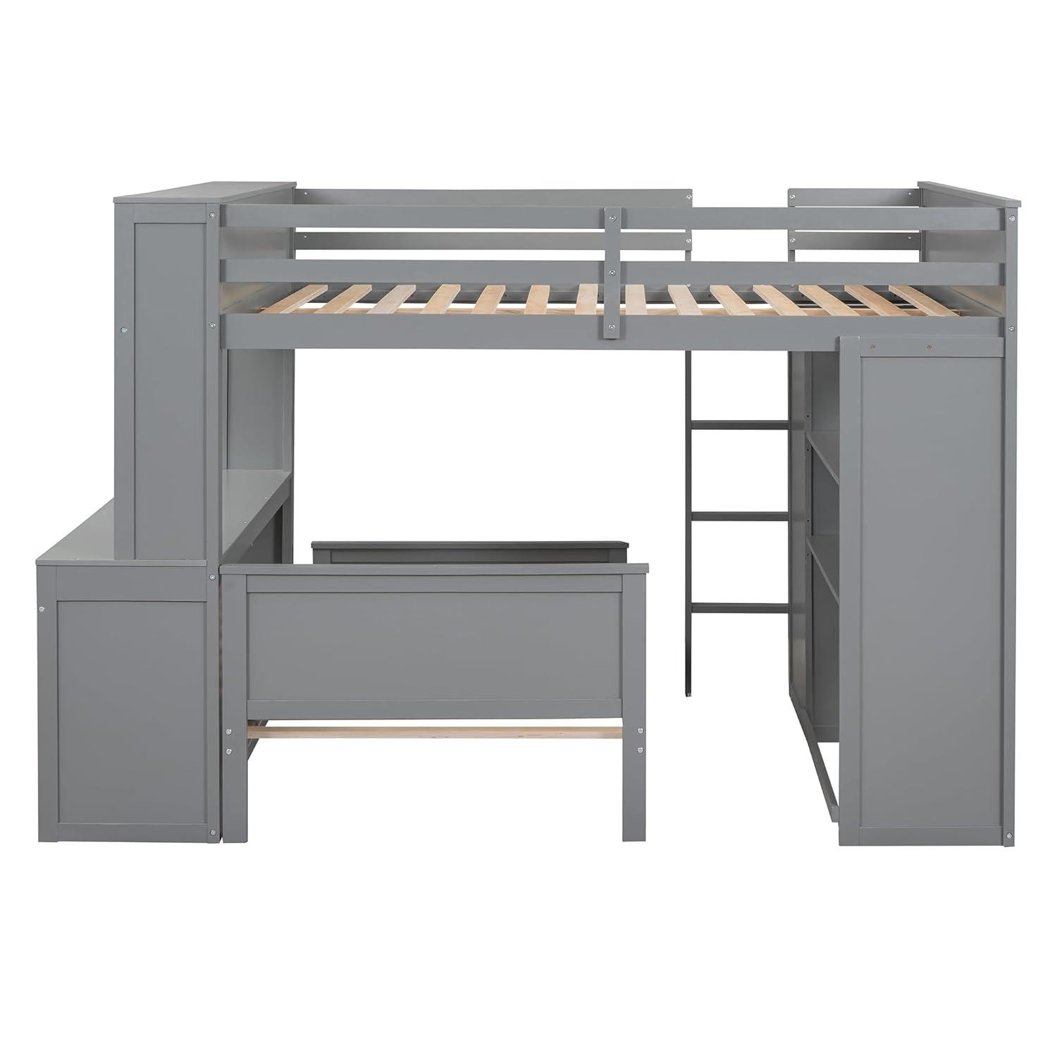 Full Over Twin Bunk Bed with Desk, Wardrobe and Storage Shelves, Loft Bed with A Stand-Alone Bed, Wooden Loft Bed Frame with Safety Guardrails & Slats Support, Bottom Bed Can Be Moved, Gray