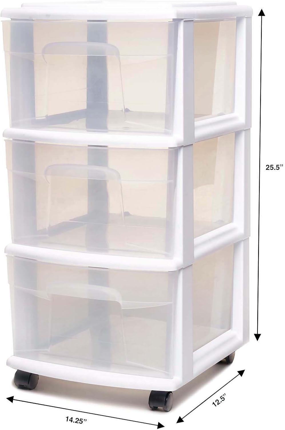 HOMZ Drawer Tower, 3-Tier Clear Plastic Storage Organizer Cart, White Frame - Heavy-Duty Organizing Drawers for Home, Bedroom, and Closet Organization