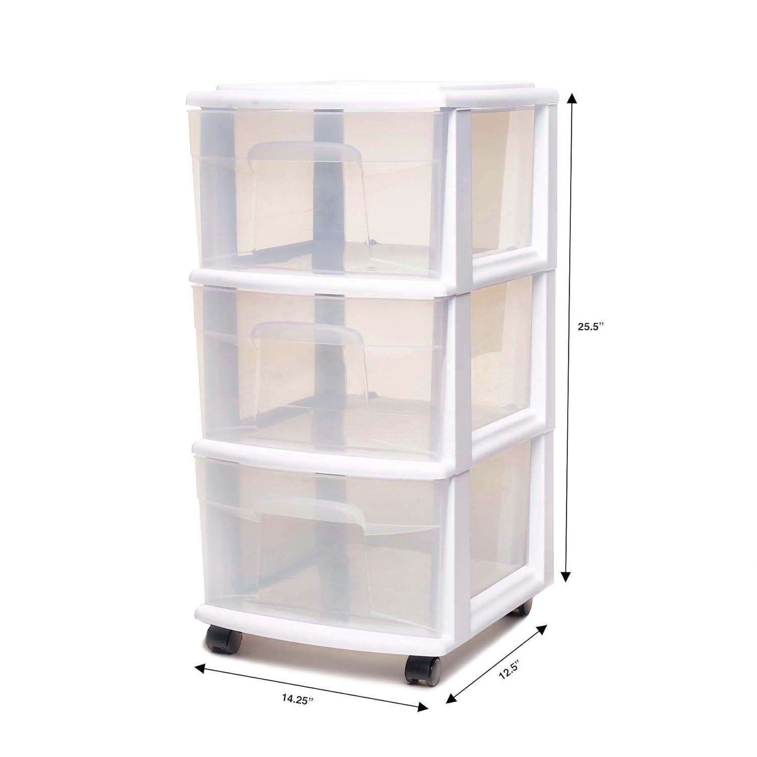HOMZ Drawer Tower, 3-Tier Clear Plastic Storage Organizer Cart, White Frame - Heavy-Duty Organizing Drawers for Home, Bedroom, and Closet Organization