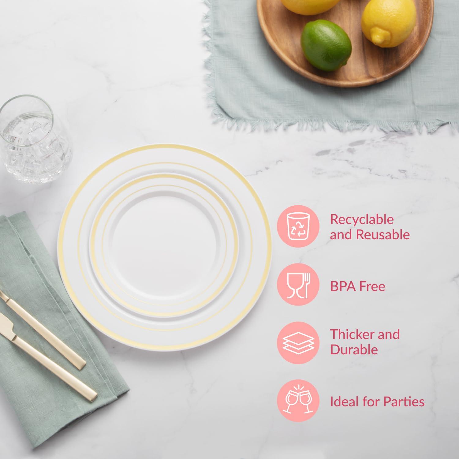 RAPTIZ 200Pc Gold Disposable Plates Set – 100 Dinner And 100 Salad Plates, White With Gold Rim – Heavy-Duty Plastic Plates For Party, Wedding, Holiday, Appetizer And Dessert