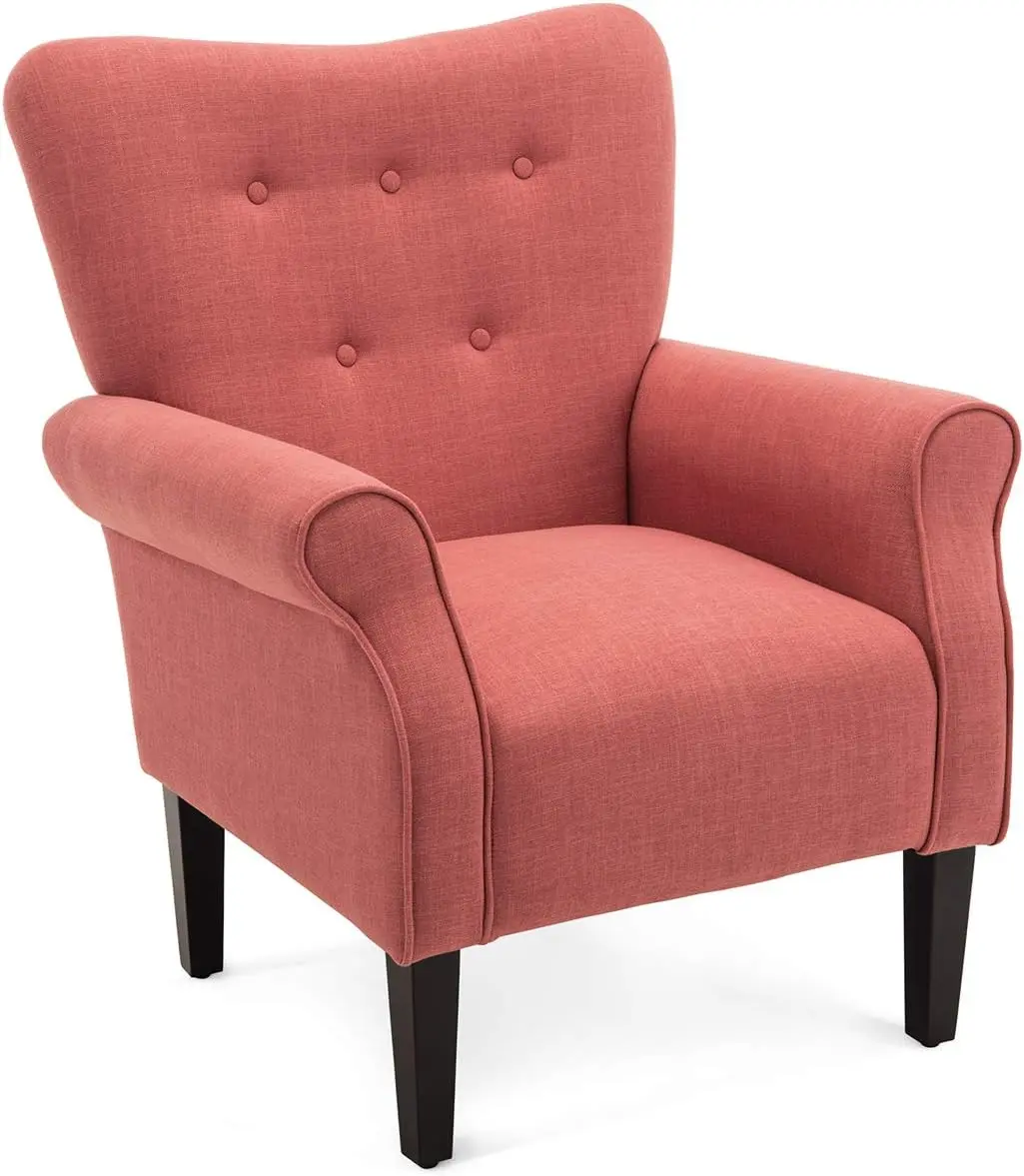 Allston High-Back Wingback Brick Linen Accent Chair with Wooden Legs