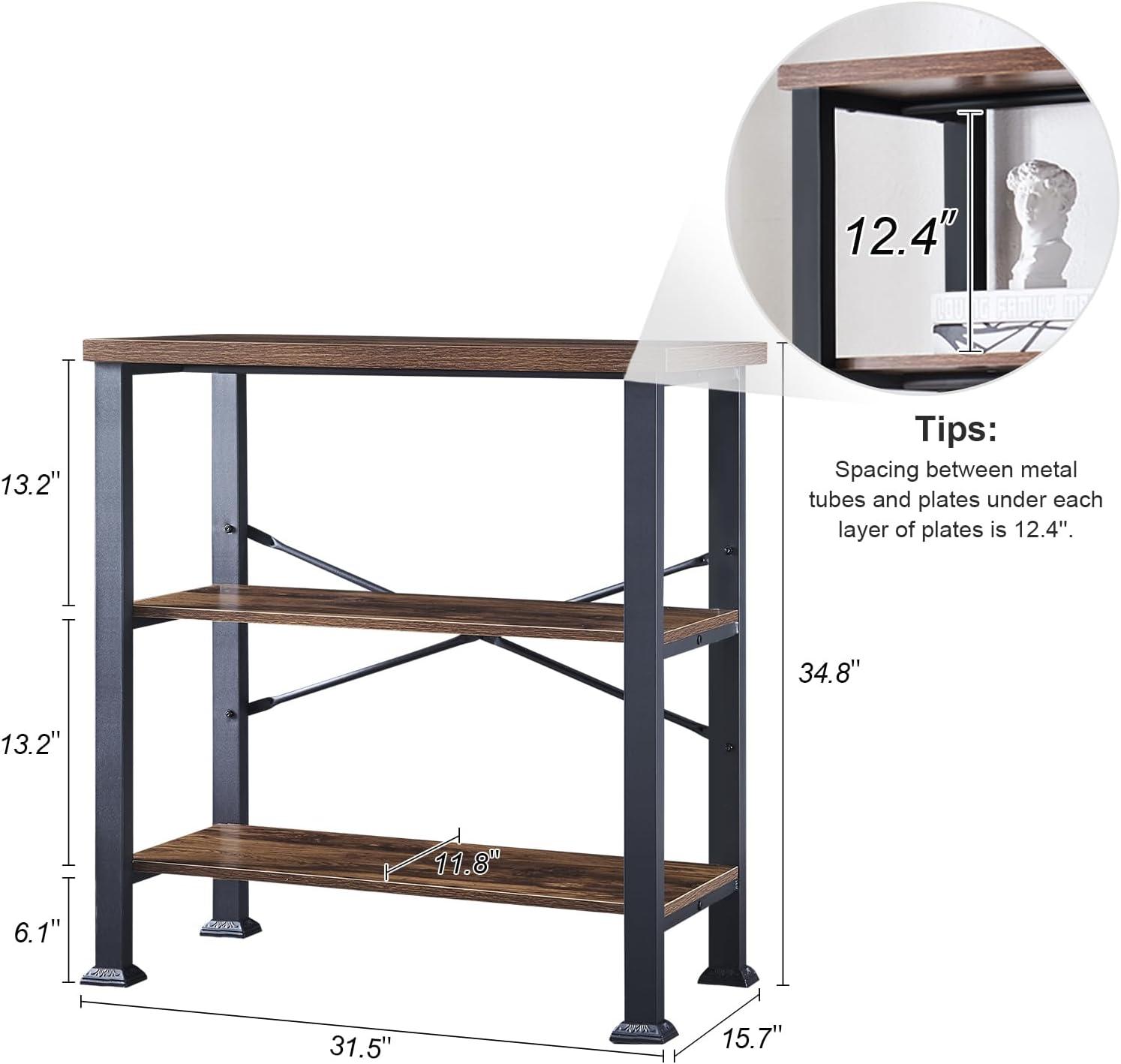 Rustic Brown 3-Tier Adjustable Wood and Metal Bookshelf