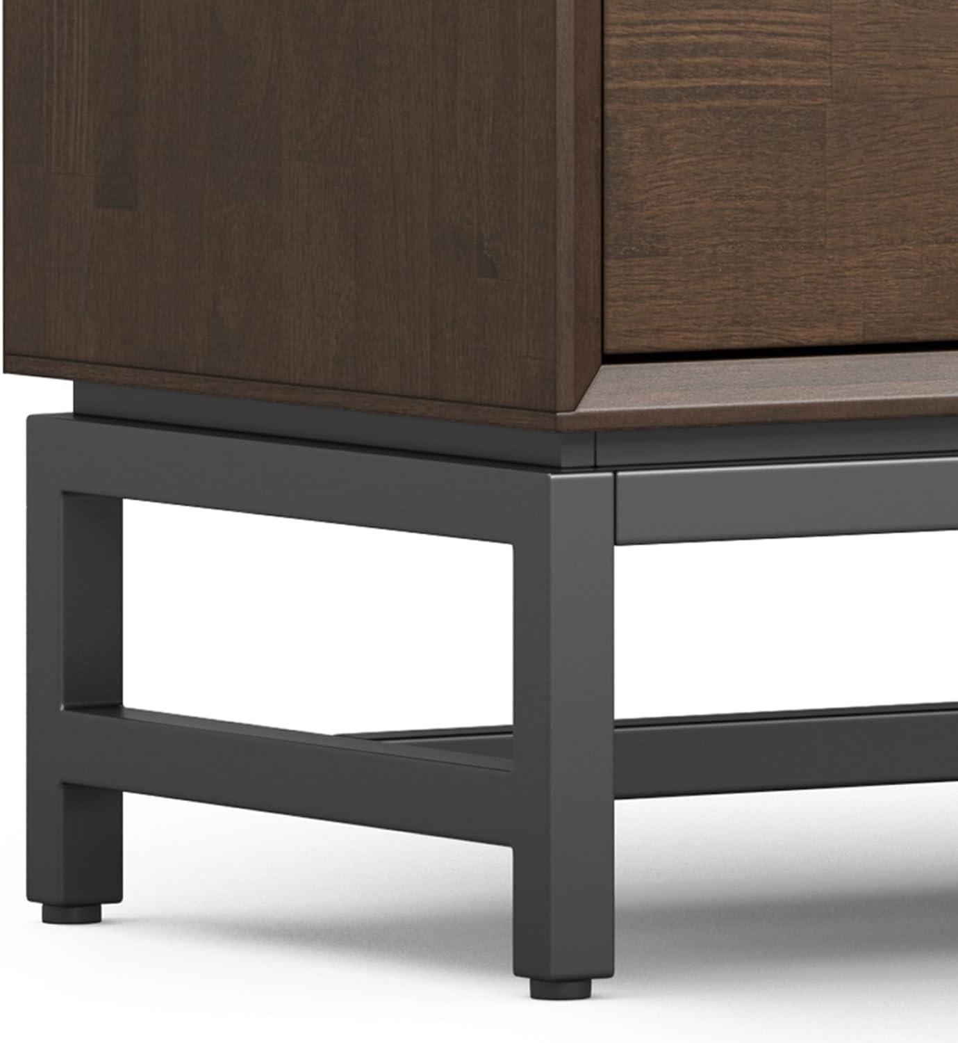 Simpli Home Banting 72"W Solid Hardwood Industrial Low TV Stand for TVs up to 80" with 2 Cabinets and Metal Base