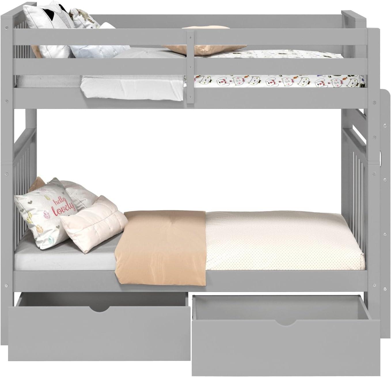 Bedz King Tall Bunk Beds Twin over Twin Mission Style with End Ladder and 2 Under Bed Drawers, Gray