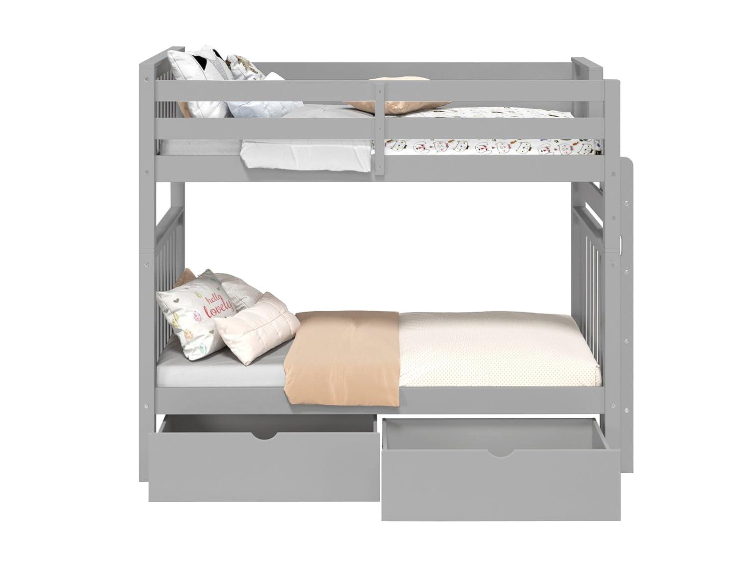 Bedz King Tall Bunk Beds Twin over Twin Mission Style with End Ladder and 2 Under Bed Drawers, Gray