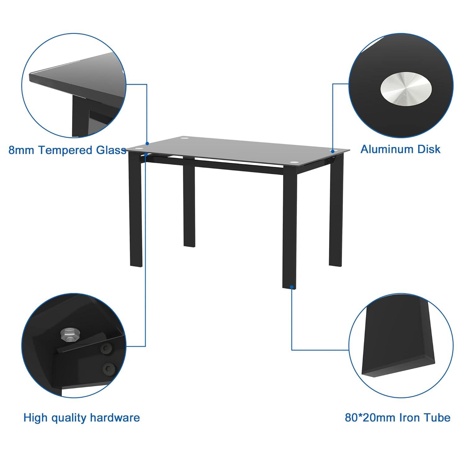 Modern Tempered Glass Black Dining Table - Rectangular Metal Legs for Living Room and Kitchen