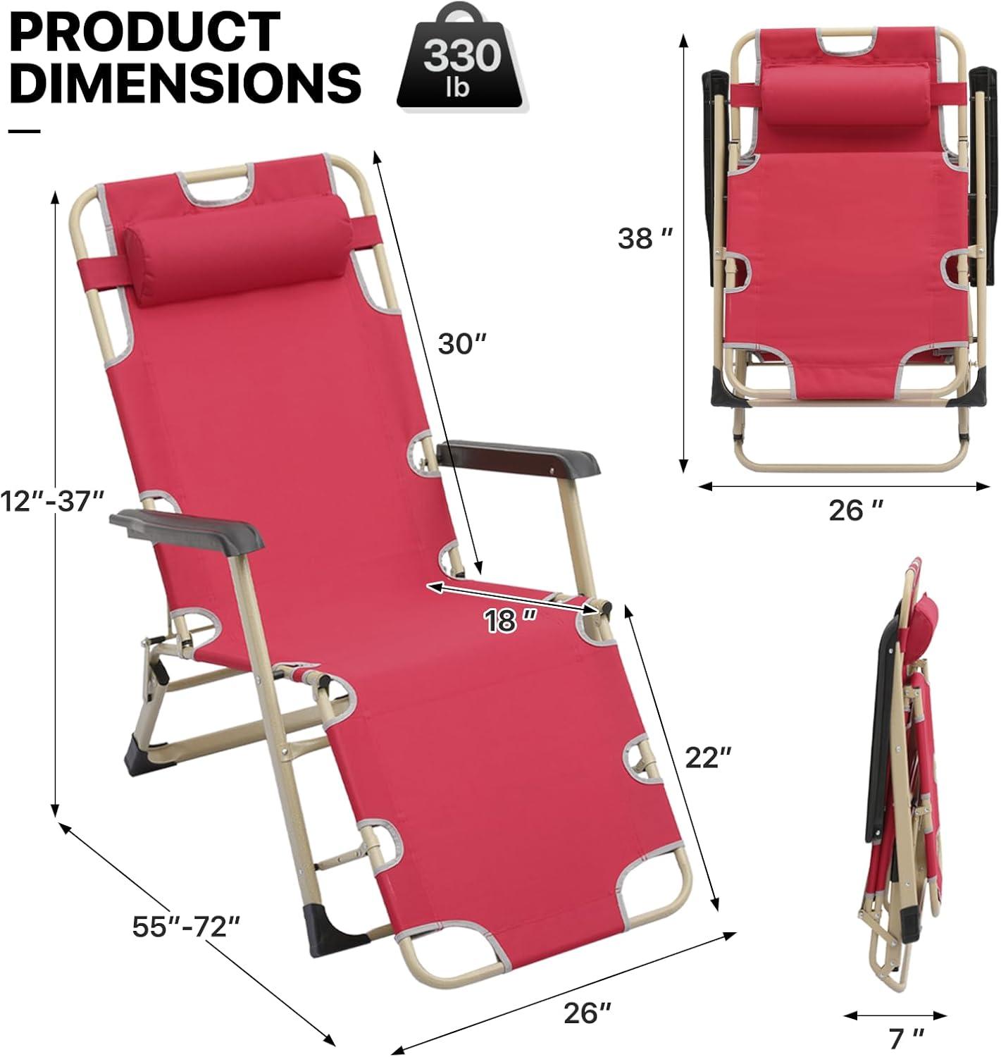 MoNiBloom Lounge Chair with Adjustable Headrest, Outdoor Foldable Recliner, Folding Reclining Lounger for Adults, Support 330lbs, Maroon
