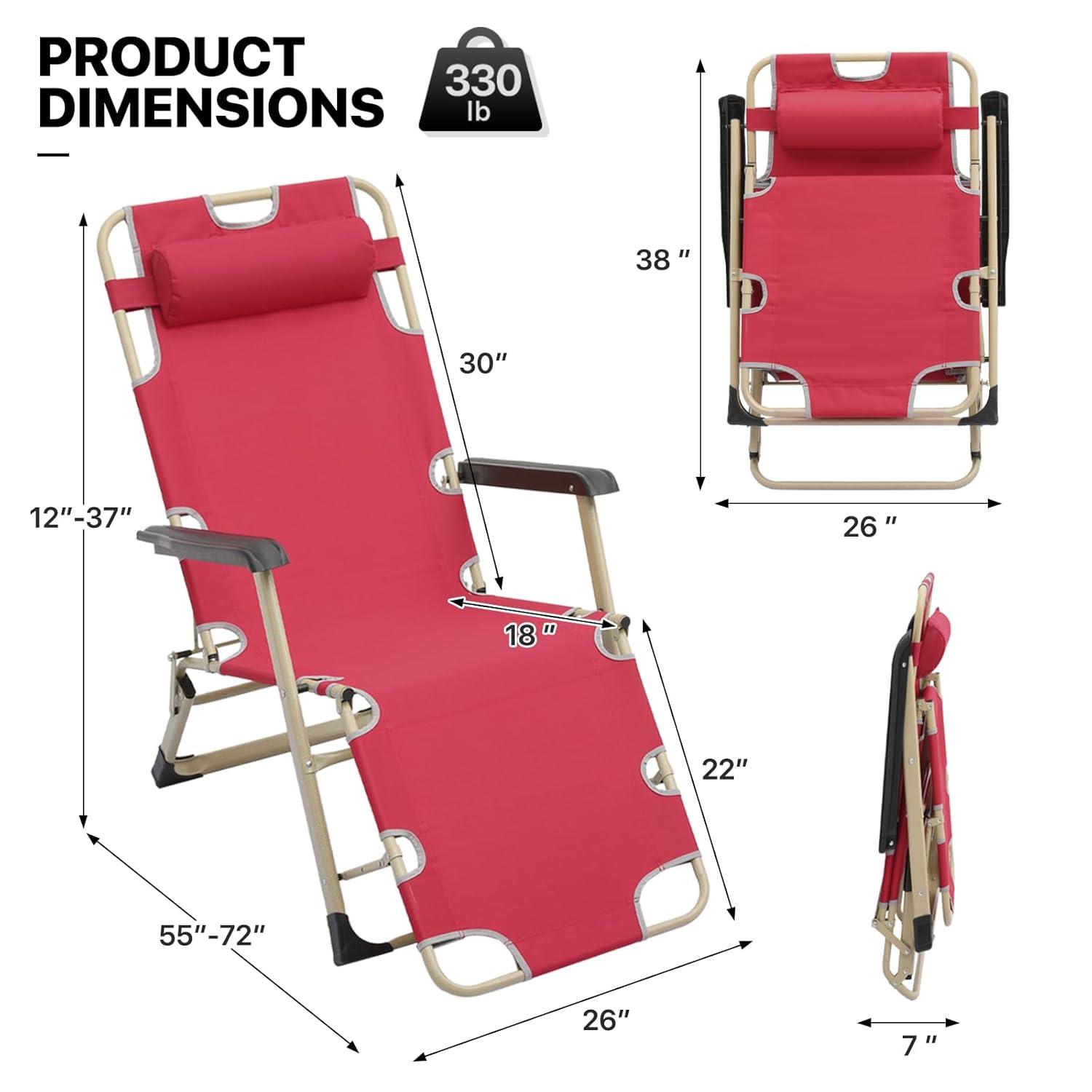 MoNiBloom Lounge Chair with Adjustable Headrest, Outdoor Foldable Recliner, Folding Reclining Lounger for Adults, Support 330lbs, Maroon