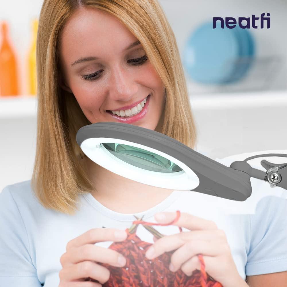 Neatfi (New Model Bifocals 1,200 Lumens Super LED Magnifying Lamp with Clamp, Dimmable, 60 Pcs SMD LED, 5 Inches Diameter Lens, Adjustable Arm (5 Diopter + 20 Diopter, White)