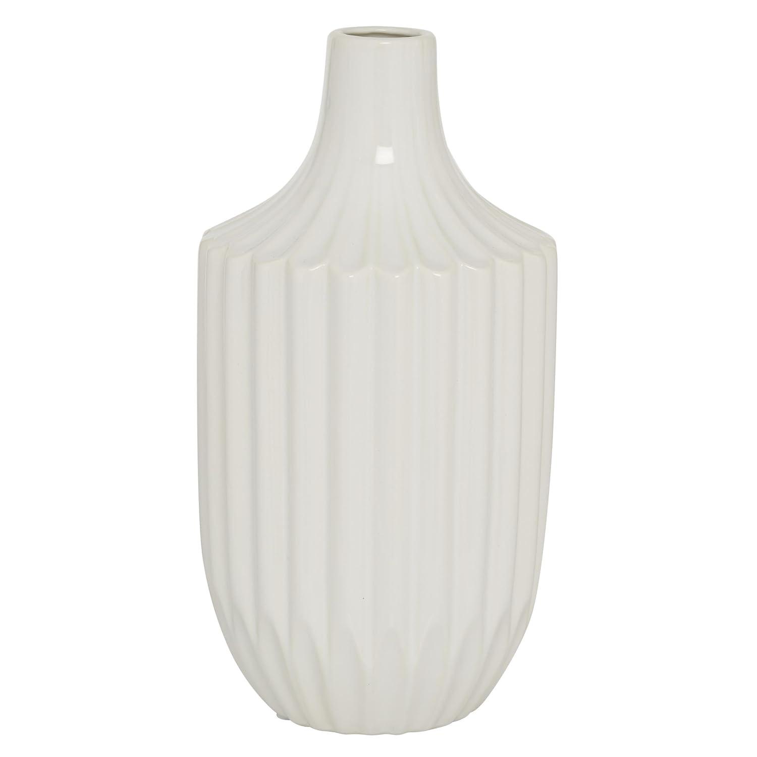 DecMode Modern Ceramic Tall White Decorative Vase with Vertical Groove Pattern 5"W x 19"H