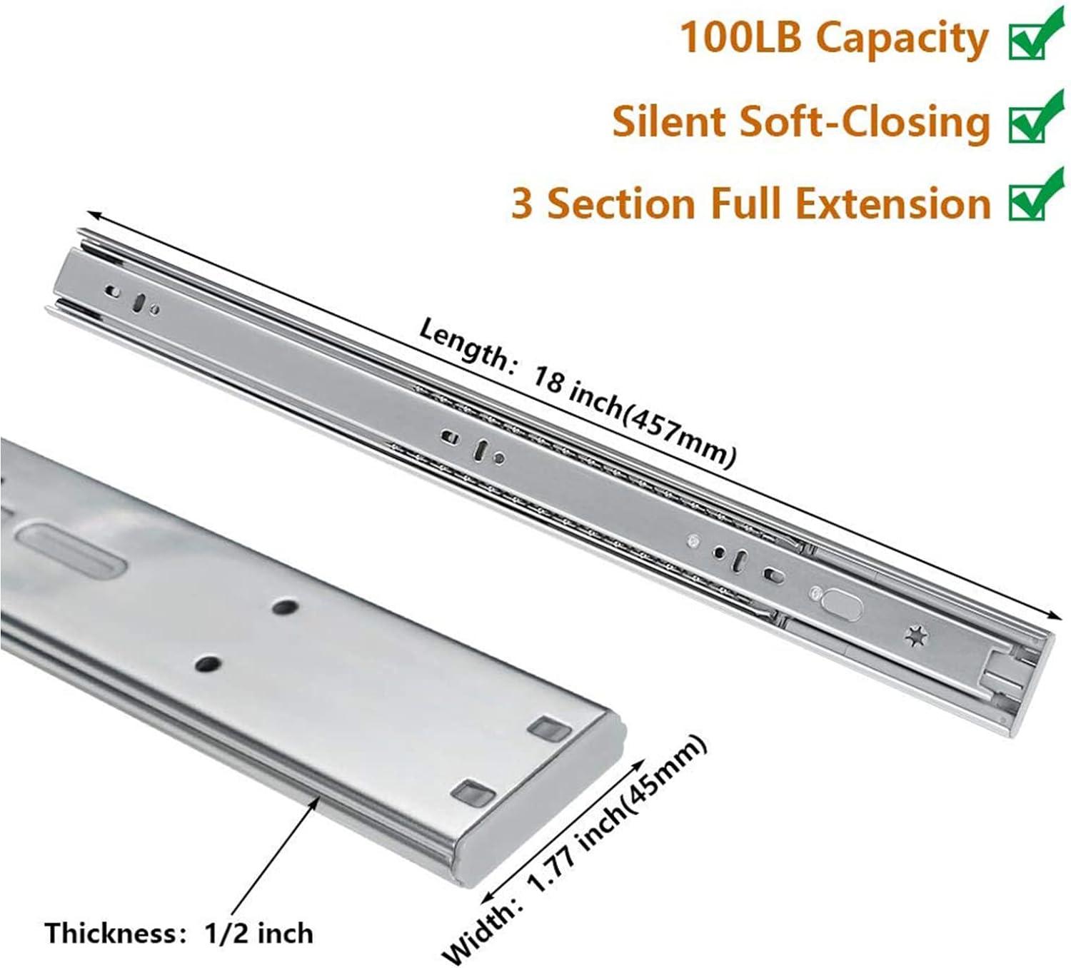 VVENACE 1 Pair 18 inch Soft Close Drawer Slides Full Extension Drawer Rails 100lb Ball Bearing Drawer Slides Side Mount Heavy Duty Slow Close Self Closing(Silver)