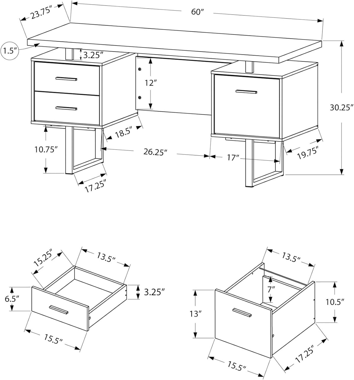 Monarch Specialties Computer Desk, 3 Storage Drawers, Reversible, 60"L Reclaimed Look