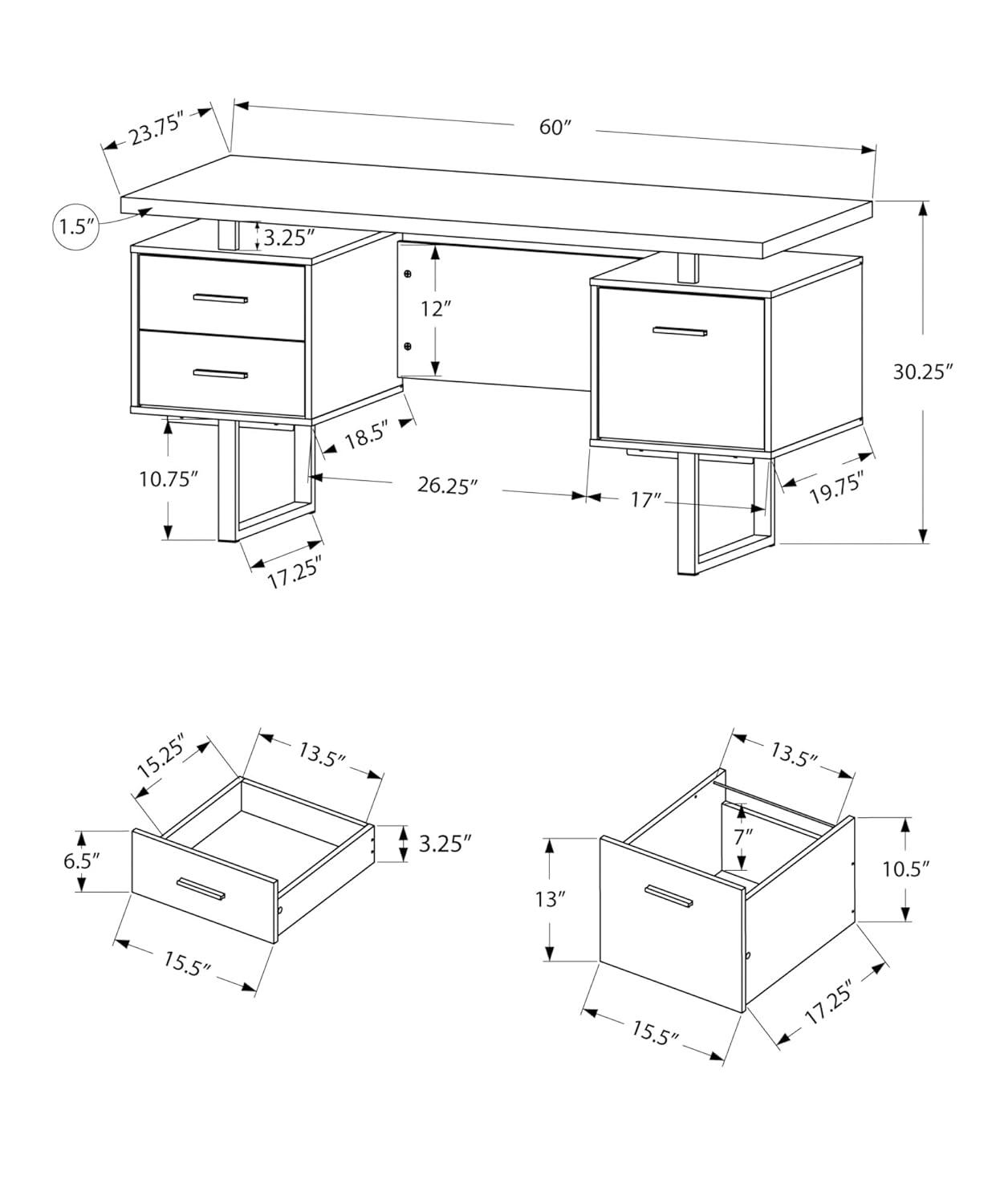 Monarch Specialties Computer Desk, Home Office, Laptop, Left, Right Set-Up, Storage Drawers, 60"L, Metal, Laminate
