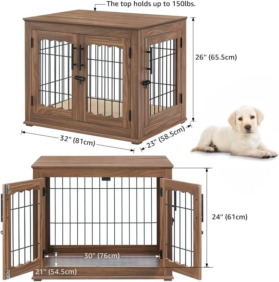 Unipaws Pet Crate End Table, Double Doors Wooden Wire Dog Kennel with Pet Bed, Medium Dog Crate, Walnut