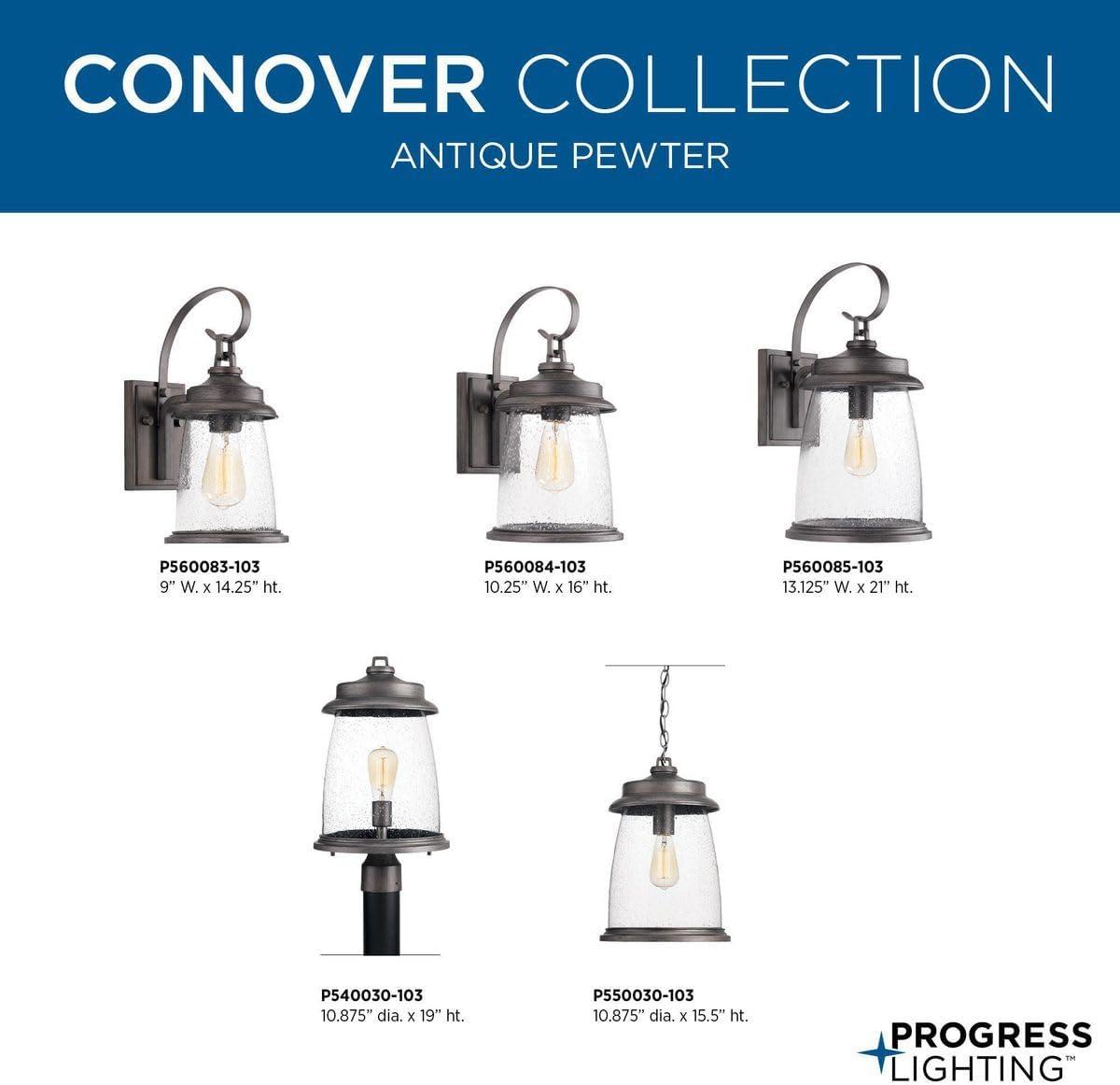 Progress Lighting Conover 1-Light Medium Wall Lantern in Antique Pewter with Seeded Glass Shade