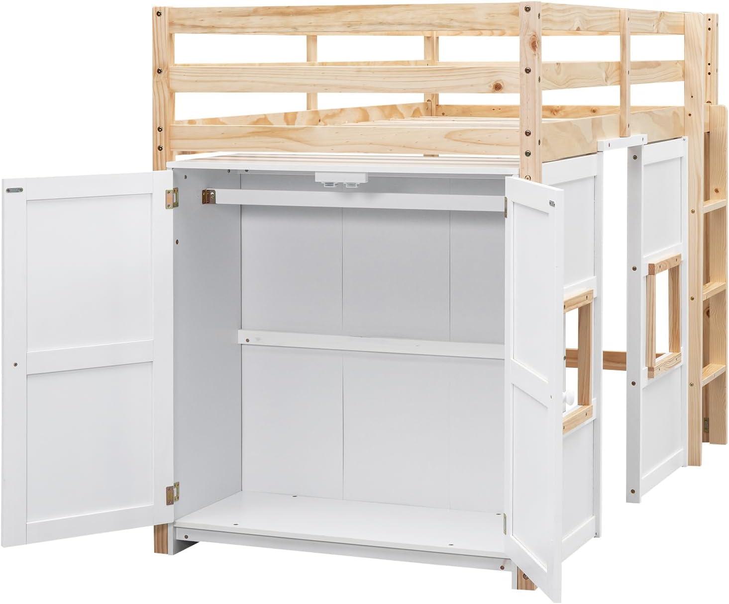 Merax Wood Loft Bed Twin Size with Storage Wardrobe, 2 Windows Design, for Teens, Boys & Girls, White