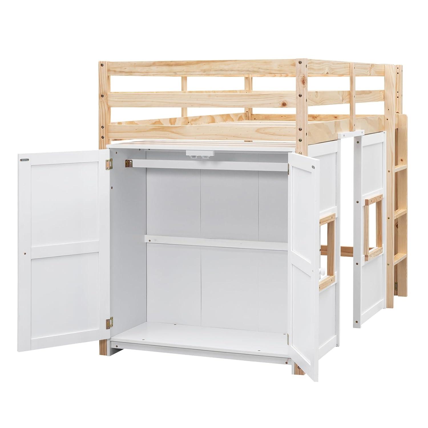 Merax Wood Loft Bed Twin Size with Storage Wardrobe, 2 Windows Design, for Teens, Boys & Girls, White