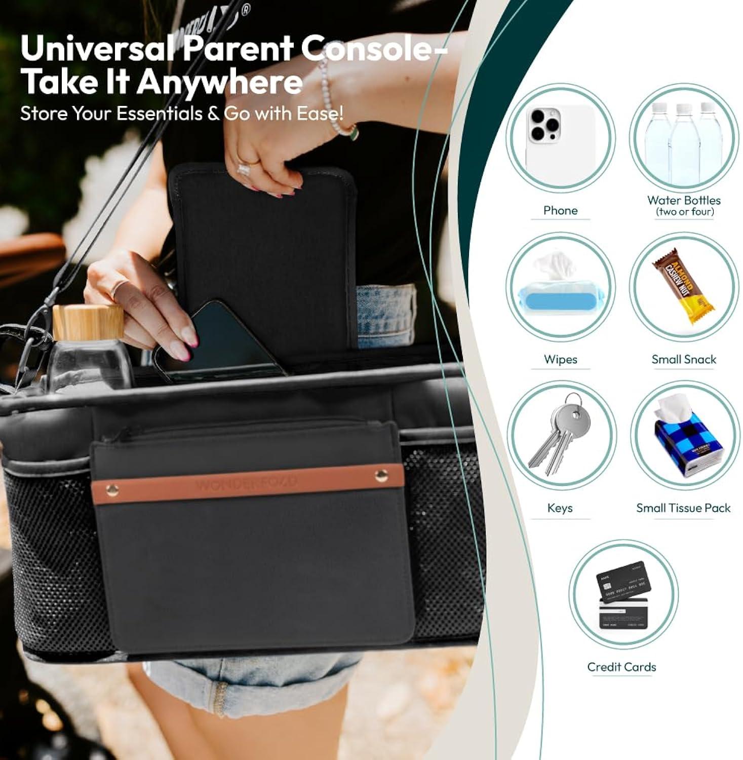 WONDERFOLD Universal Parent Console Stroller Organizer with Insulated Cup Holders, Hook & Loop Closure Handle Attachment, 2 Storage Pockets, Removable Shoulder Strap for Easy Transport