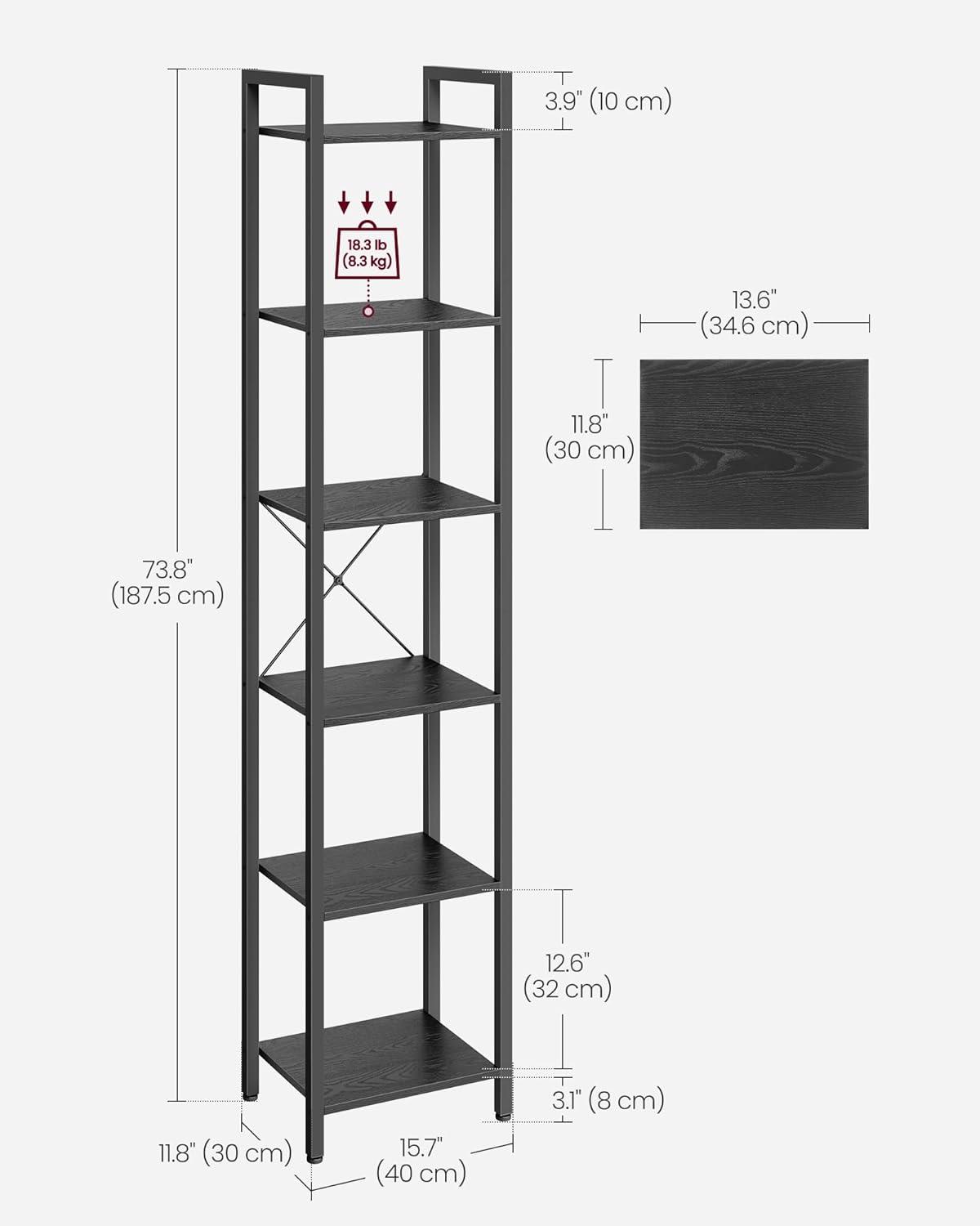 Ebony Black 6-Tier Industrial Tall Bookshelf with Steel Frame