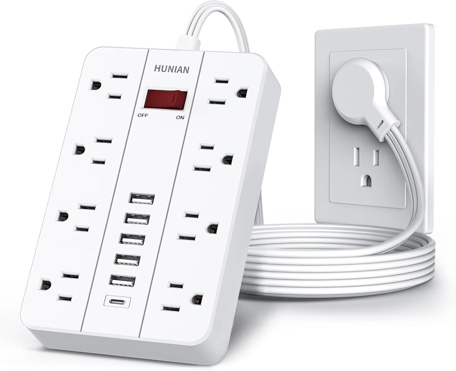 White 5 ft Power Strip with 8 Outlets and 6 USB Ports