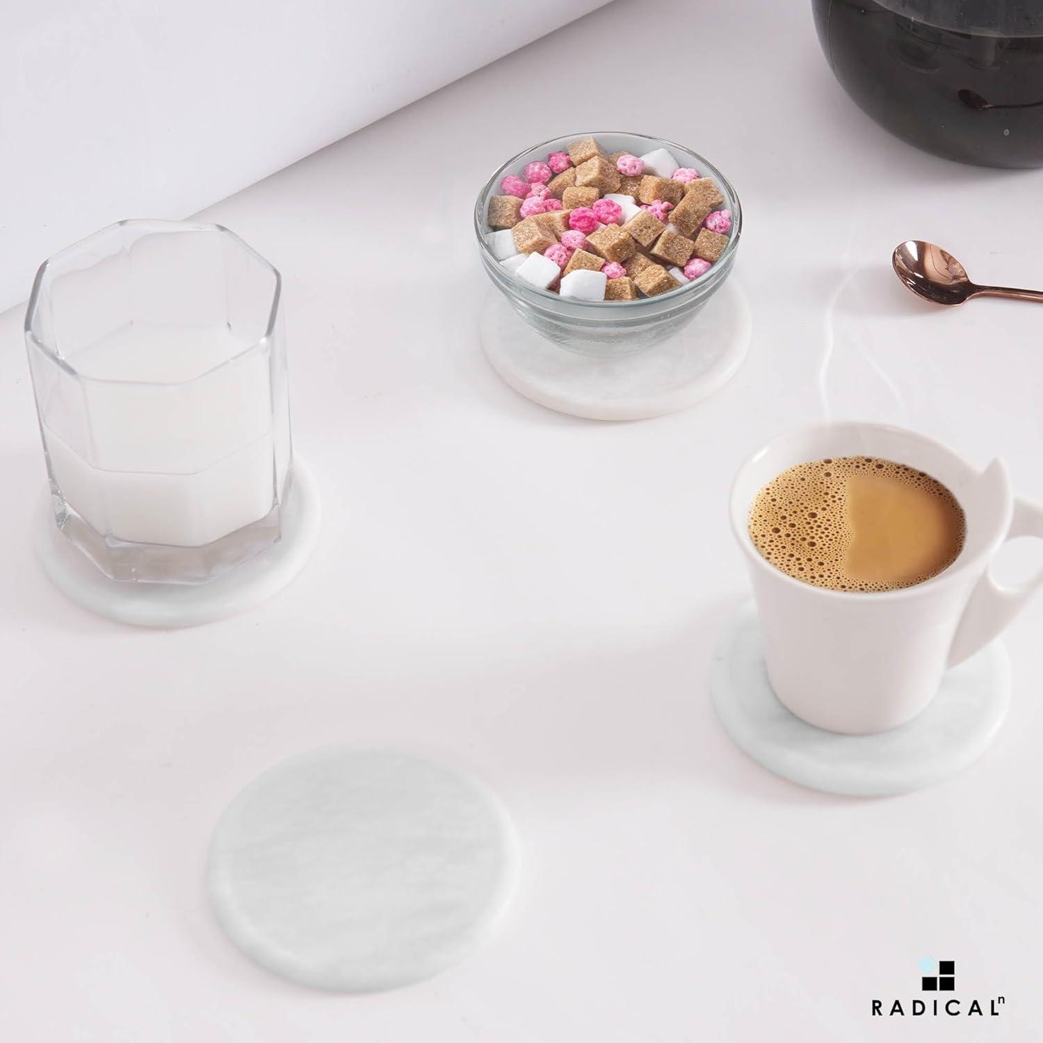 Radicaln White Marble Drink Coasters with Holder – 3.5" Round Handmade Coasters Set of 6 for Kitchen Table, Coffee Table, Bar, Home and Office Décor