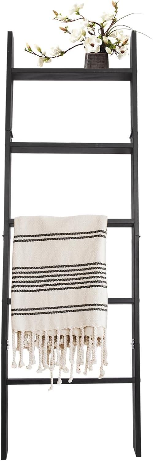 Blanket Ladder, 5-Tier Wooden Quilt Stand, Decorative Ladder Shelf, Leaning Shelf, Wall Leaning Blanket Ladder Towel Storage Rack for Living Room (Black)