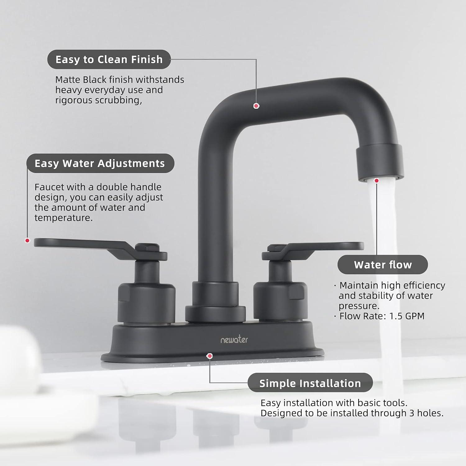 Tcbosik 2 Handle 4 Inch Bathroom Faucet, 3 Hole Centerset Vanity Sink Faucet with Pop Up Drain and Water Supply Lines, Matte Black