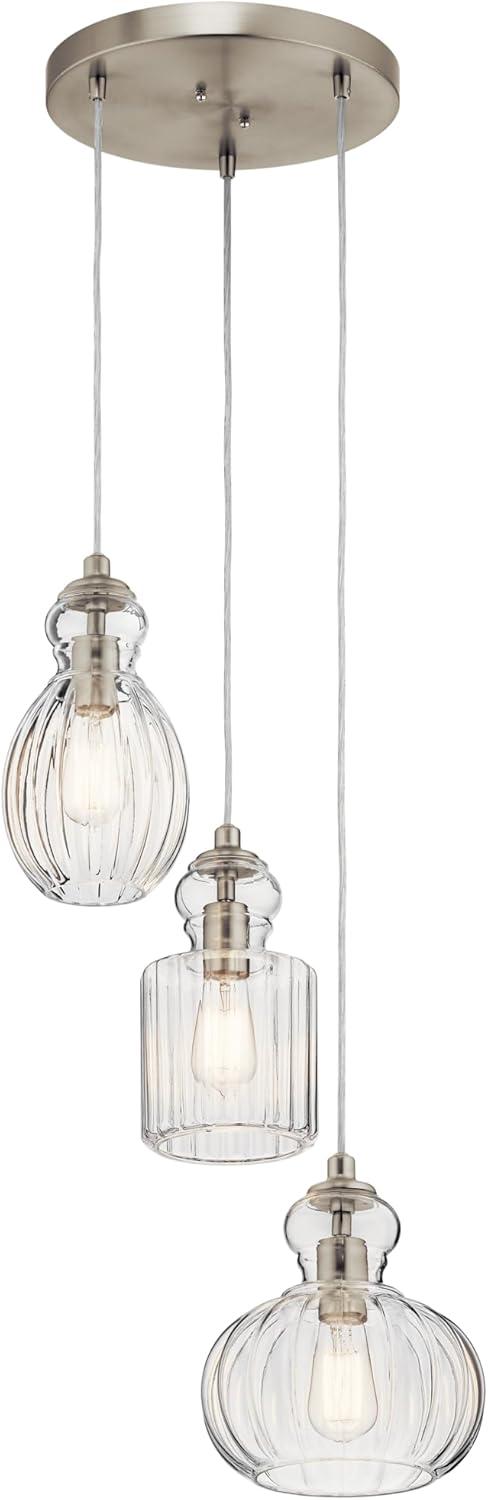 Riviera 10.25" 3 Light Pendant with Clear Ribbed Glass in Brushed Nickel