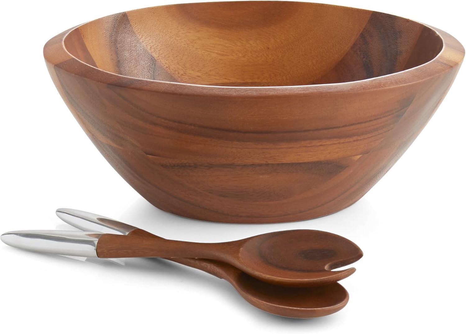 Nambe MT1116 Eclipse Acacia Wood Salad Bowl with Servers, 3-Piece Salad Set