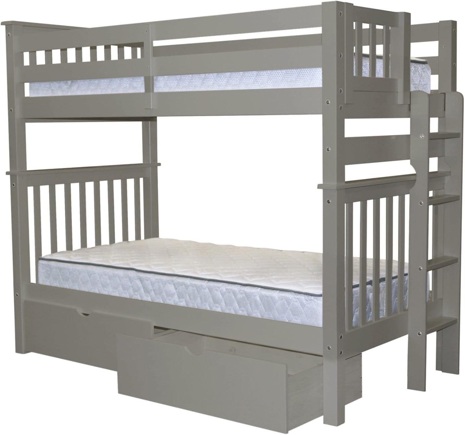 Bedz King Tall Bunk Beds Twin over Twin Mission Style with End Ladder and 2 Under Bed Drawers, Gray