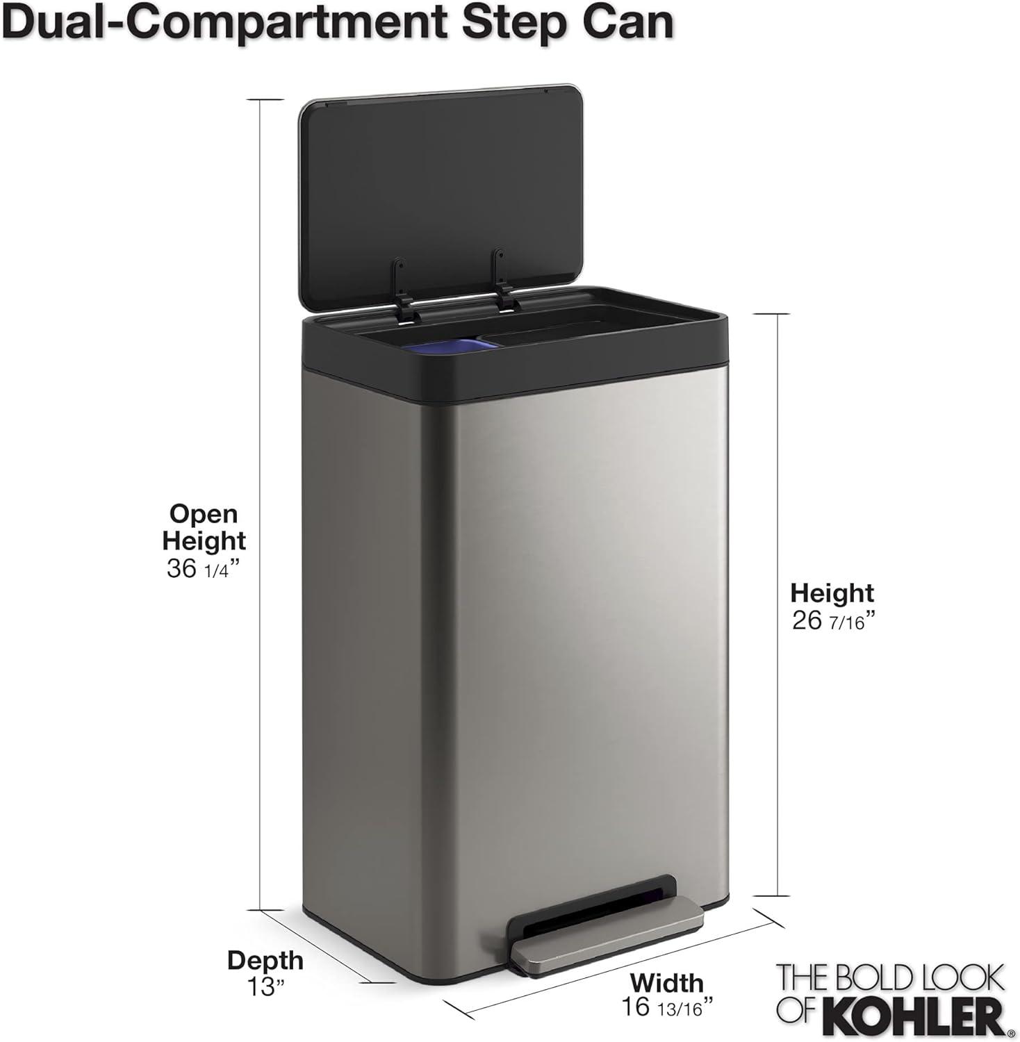 Reset 11 Gallon Dual Compartment Kitchen Trash Can, Stainless Steel Step Trash Can