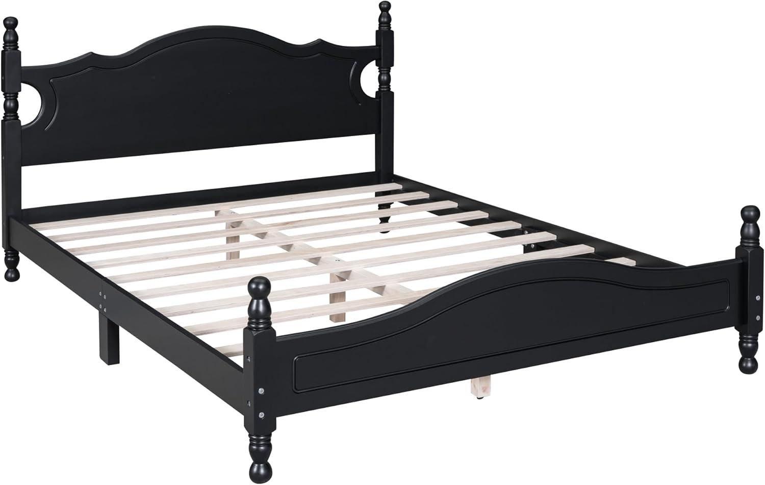 Queen Size Wood Platform Bed Frame for Boys Girls Kids Toddler,Retro Style Platform Bed with Wooden Slat Support,Black