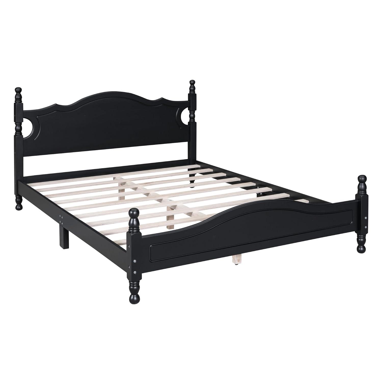 Queen Size Wood Platform Bed Frame for Boys Girls Kids Toddler,Retro Style Platform Bed with Wooden Slat Support,Black