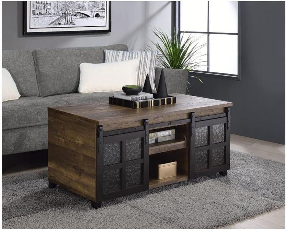 DremFaryoyo Nineel Coffee Table  Obscure Glass  Rustic Oak & Black Finish 87955