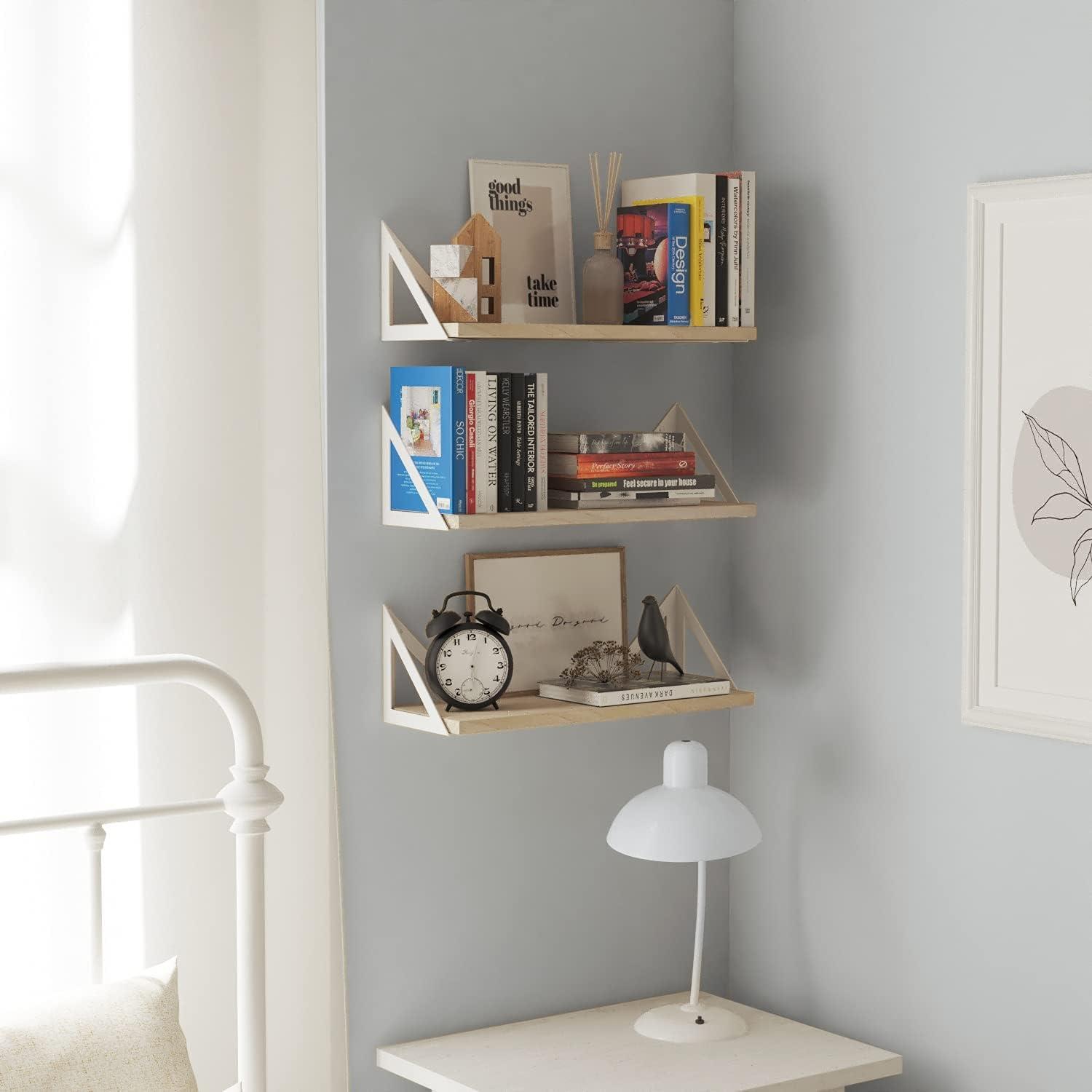 Natural Wood Floating Accent Shelf with White Brackets