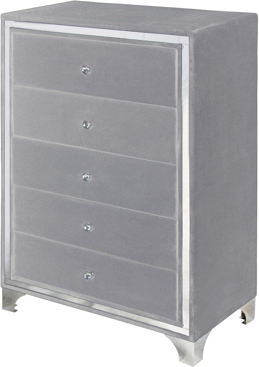 Elegant Gray Velvet 5-Drawer Dresser with Crystal Knob Accents