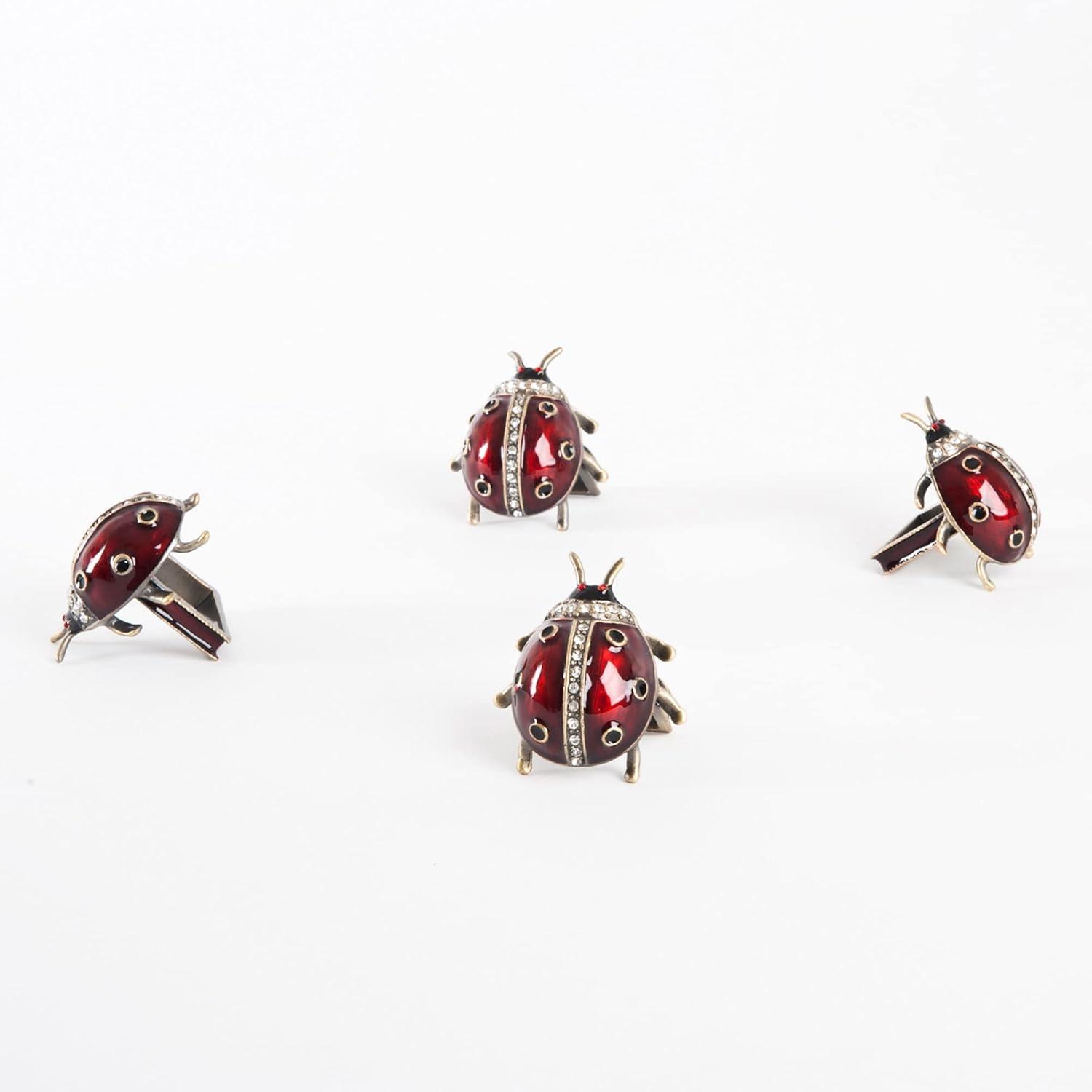 Red Jeweled Ladybug Pewter Napkin Rings, Set of 4