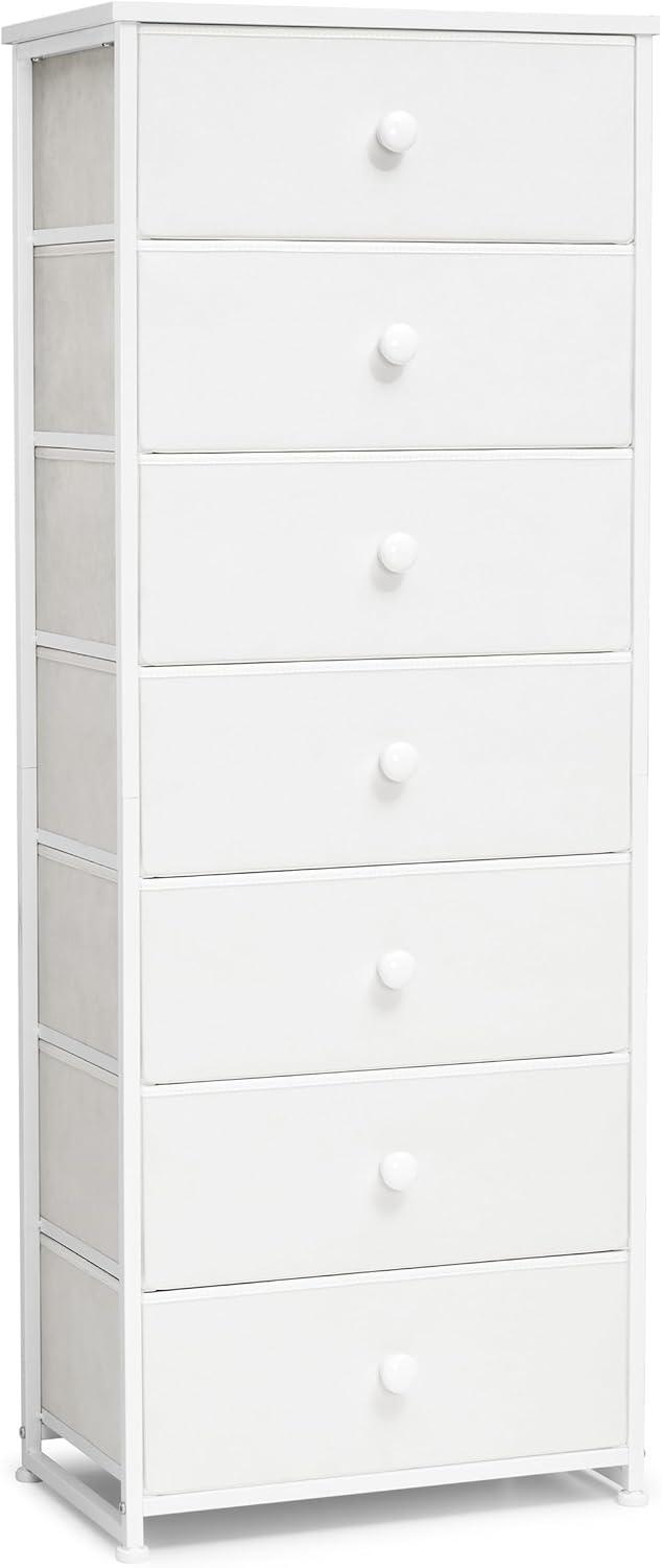 White Vertical 7-Drawer Storage Tower with Light Wood Accents