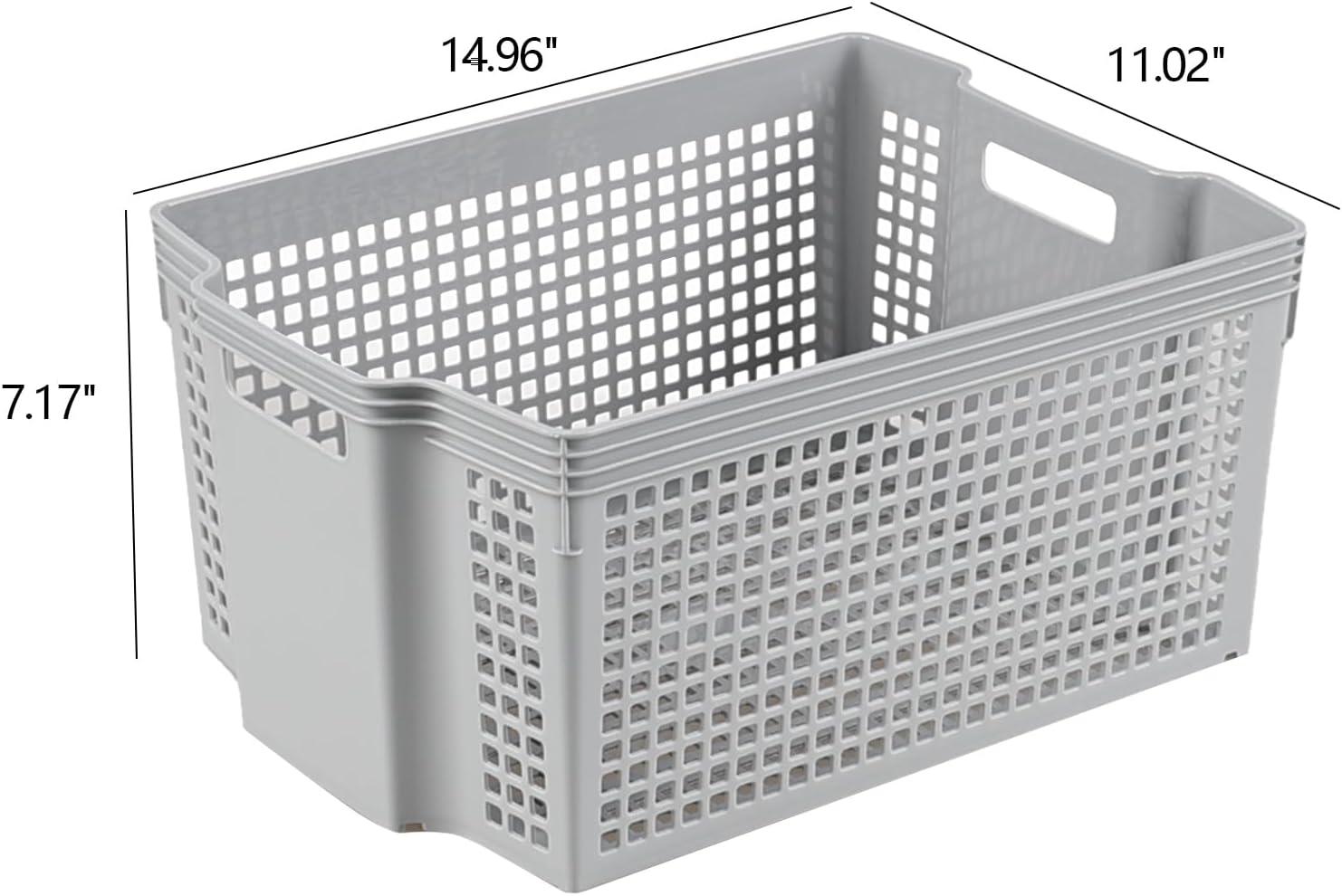 Gray Rectangular Stacking Plastic Storage Baskets, 13 Quart Capacity, Set of 6