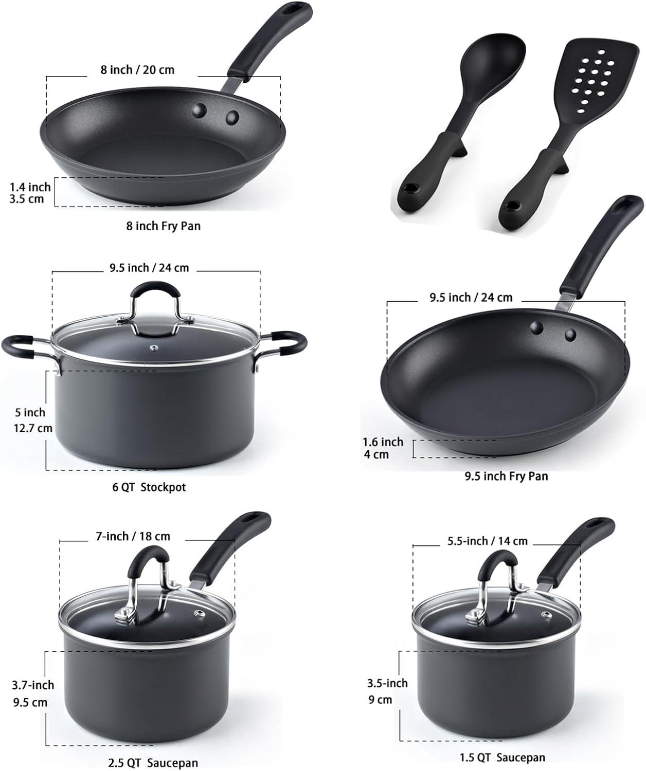 10-Piece Black Aluminum Nonstick Cookware Set with Stay-Cool Handles