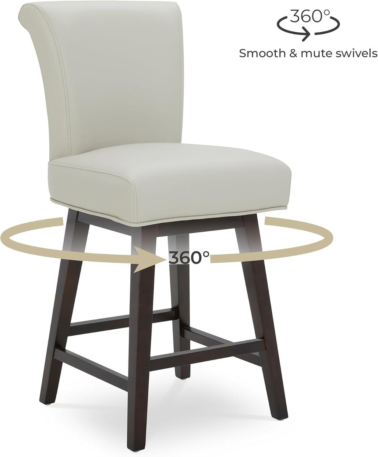 CHITA 26 in Upholstered Swivel Counter Bar Stools with Back&Wood Legs Set of 2, Faux Leather in Creamy Gray