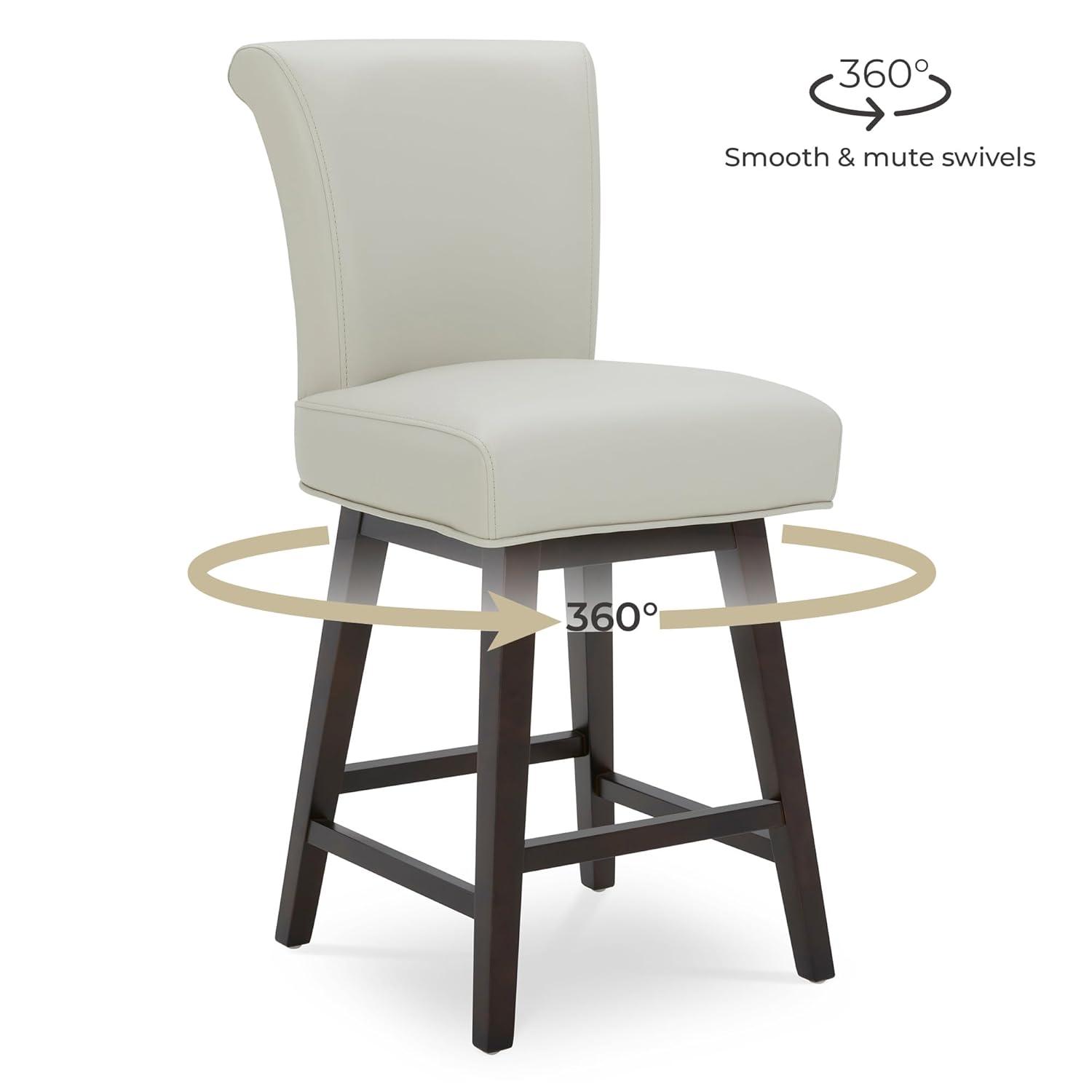 CHITA 26 in Upholstered Swivel Counter Bar Stools with Back&Wood Legs Set of 2, Faux Leather in Creamy Gray
