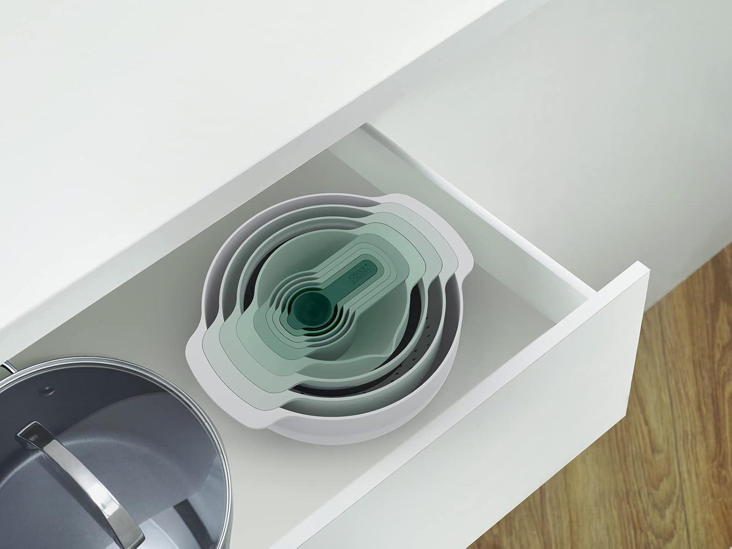 Joseph Joseph Nest 9 Plus, 9 Piece Compact Food Preparation Set with Mixing Bowls, Measuring cups, Sieve and Colander, Editions Range, Sage Green