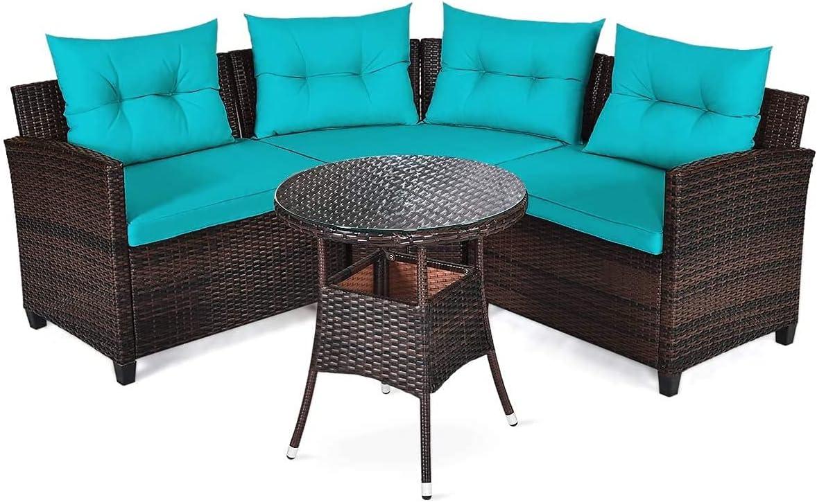 Costway 4PCS Outdoor Patio Rattan Furniture Set Cushioned Sofa Table Turquoise