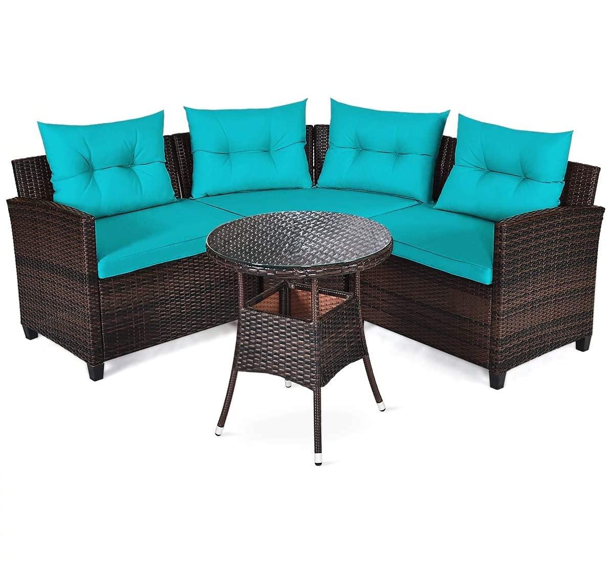 Costway 4PCS Outdoor Patio Rattan Furniture Set Cushioned Sofa Table Turquoise