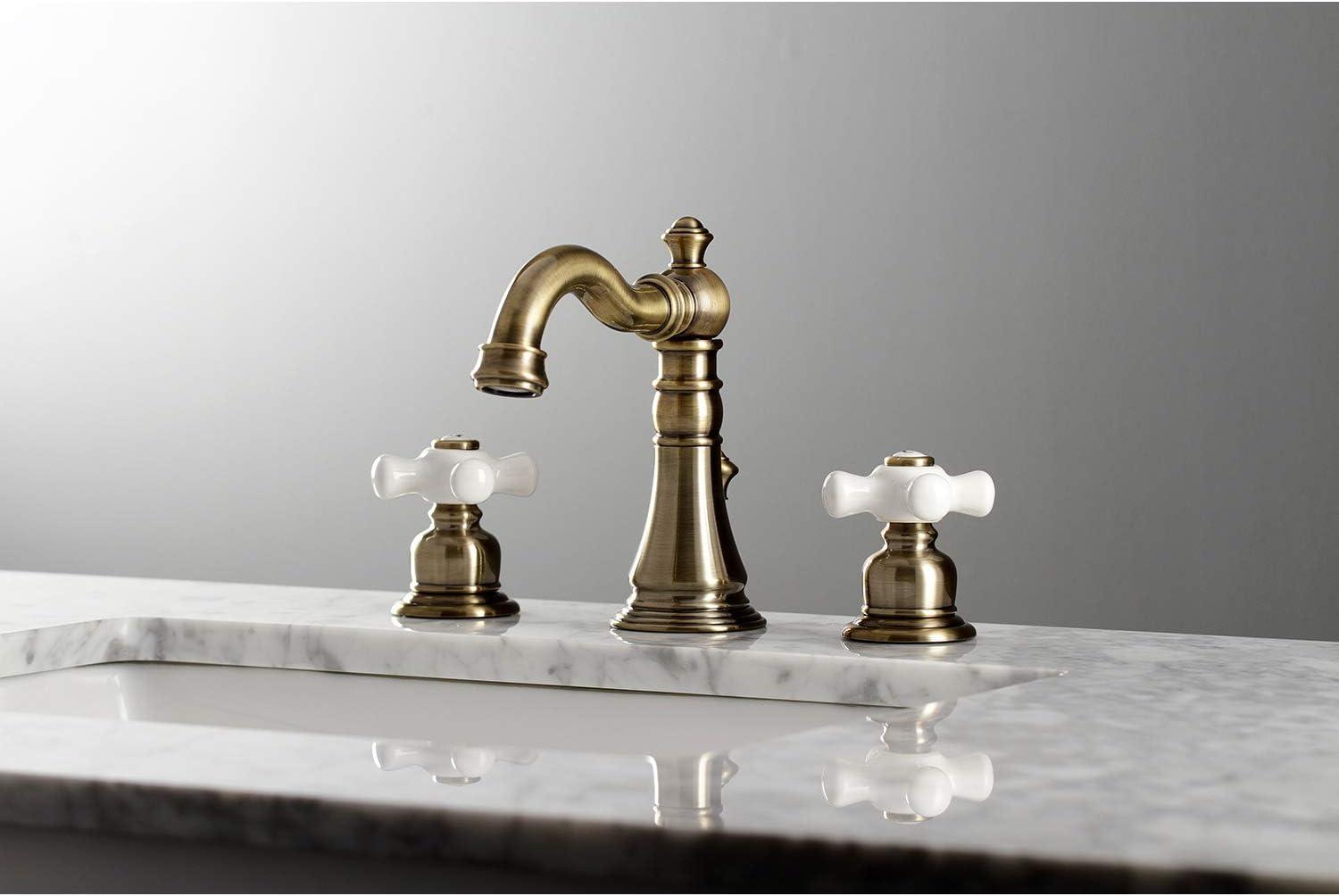 Kingston Brass American Classic Two-Handle 3-Hole Deck Mount Widespread Bathroom Faucet with Pop-Up Drain