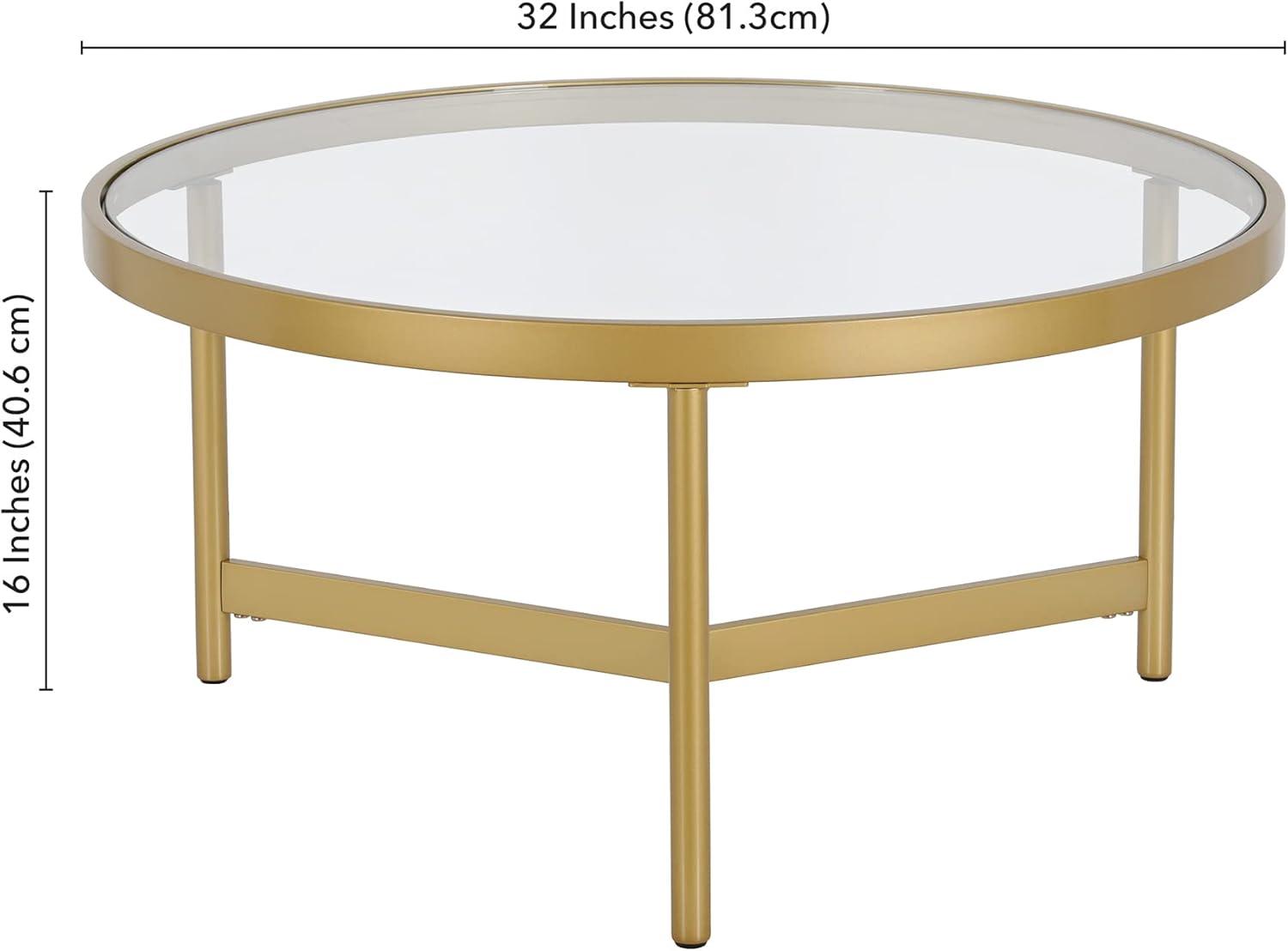 Evelyn&Zoe Yara 32" Wide Round Coffee Table with Glass Top, Brass